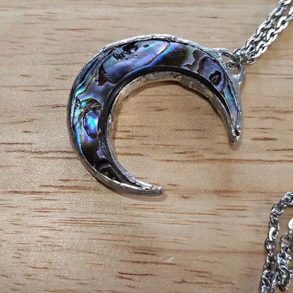 Abalone Crescent Moon Reversible Pendant Necklace with Silver Chain